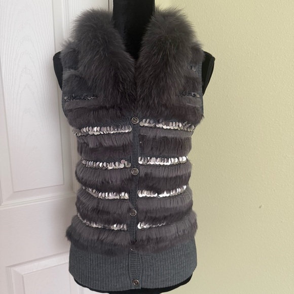 Fashion Show Knitted Vest Wool Blend Real Rabbit Fur Stripes and Fox Fur Collar - Picture 2 of 10